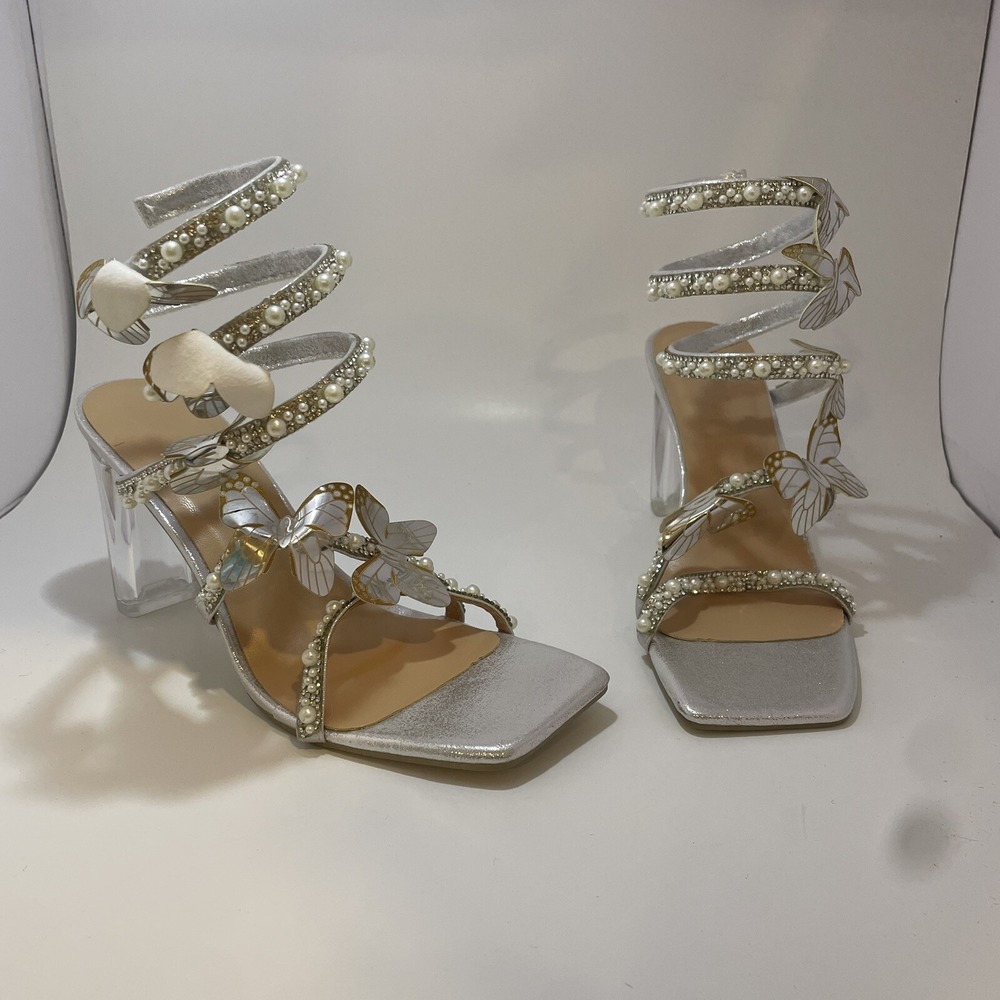 Rhinestone Butterfly High Heeled Sandals Silver Pearl‎ Women's Size 8